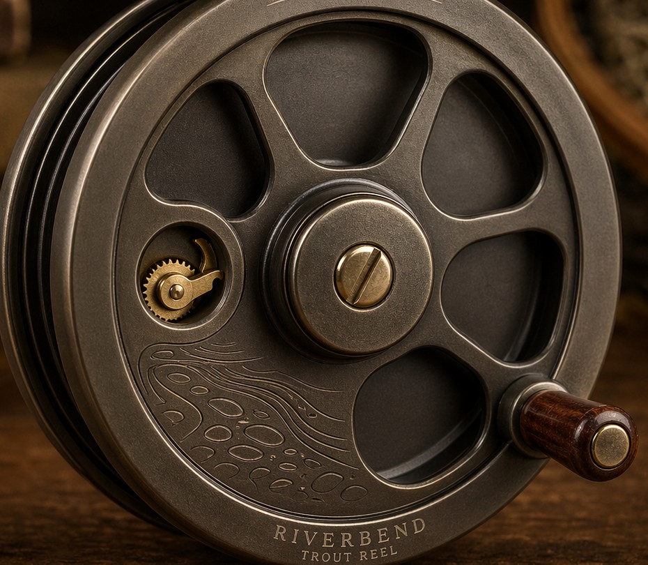 Classic bronze fly reel on a wooden bench